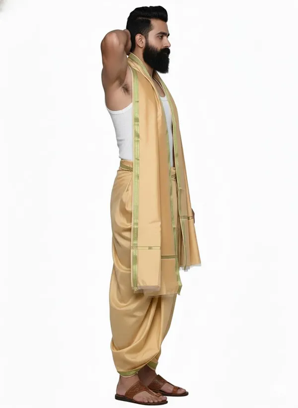 Men_Art_Silk_Unstitched_Dhoti_With_Angavastram_4.25_Meter_And_2.25_Meter_Traditional_South_Indian_White_Silk_Dhoti_Set_For_Wedding_Pooja_Temple_Wear