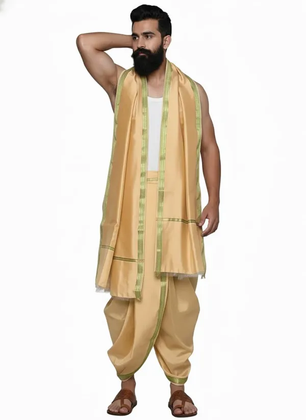 Men_Art_Silk_Unstitched_Dhoti_With_Angavastram_4.25_Meter_And_2.25_Meter_Traditional_South_Indian_White_Silk_Dhoti_Set_For_Wedding_Pooja_Temple_Wear