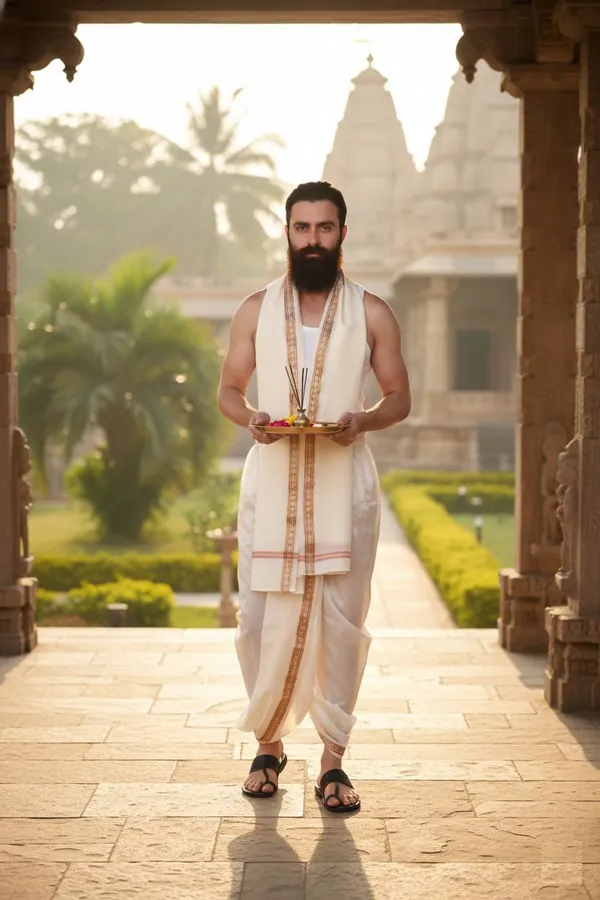 Men_Rudrakhash_Border_Silk_Dhoti_With_Dupatta_Set_To_Wear_Traditional_Wedding_Festival_Ethnic_Outfit_Tamil_Kerala_Style_Mens_Wear