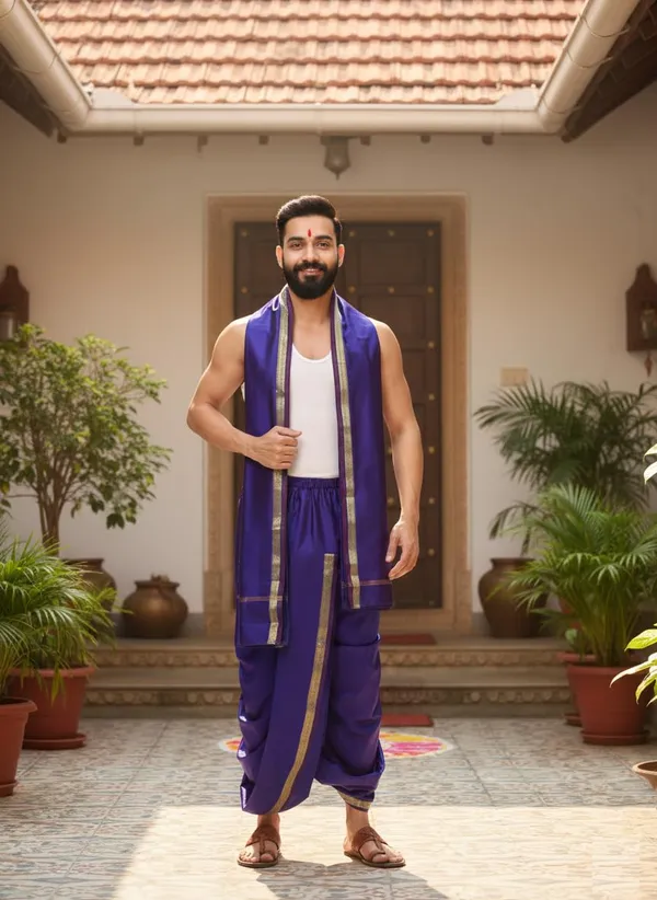 Men_Readymade_Dhoti_With_Angavastram_Set_Art_Silk_Ready_To_Wear_Dhoti_With_Elastic_South_Indian_And_North_Indian_Dhoti_Set_For_Men_Ethnic_Wear_For_Wedding,_Pooja,_Festival