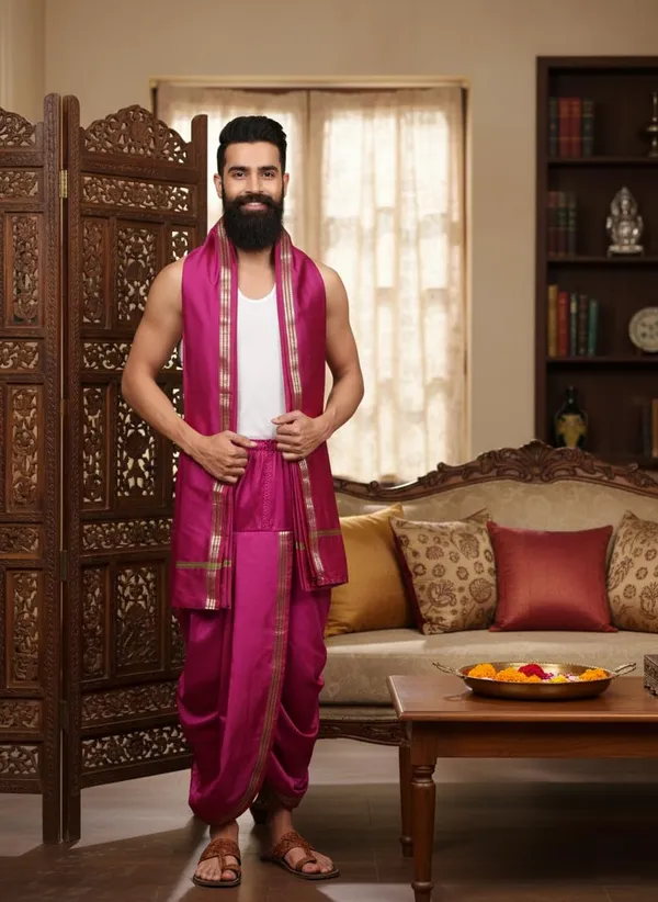 Mens_Art_Silk_Rudraskh_Border_Ready_To_Wear_Dhoti_With_Angavastram_Stitched_Dhoti_With_Elastic_Waist_Vrindavan_Dhoti_For_Puja_Festival_Wedding.