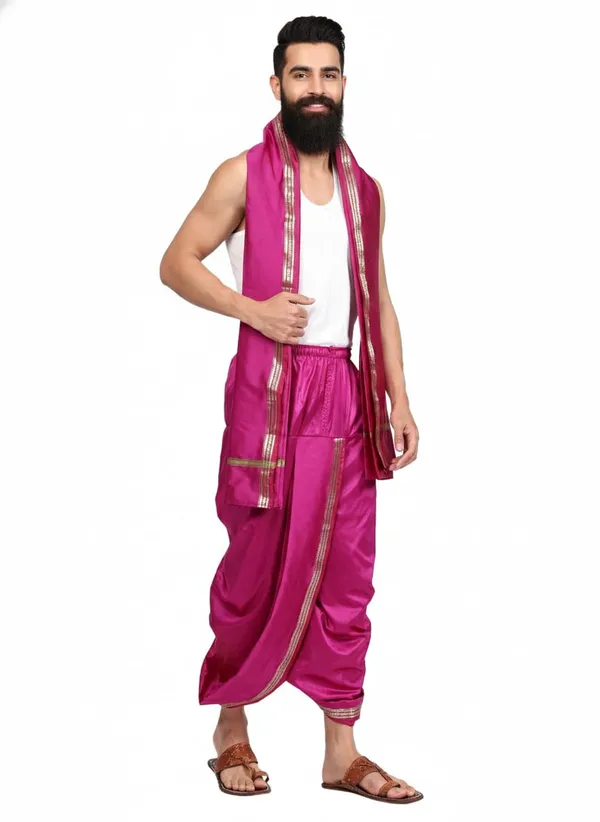 Mens_Art_Silk_Rudraskh_Border_Ready_To_Wear_Dhoti_With_Angavastram_Stitched_Dhoti_With_Elastic_Waist_Vrindavan_Dhoti_For_Puja_Festival_Wedding.