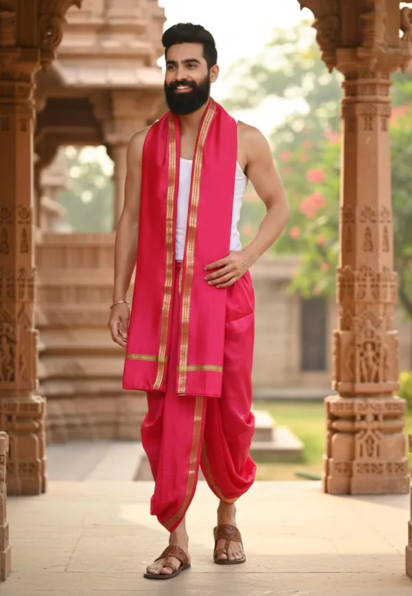Men_Rudrakhash_Border_Silk_Dhoti_With_Dupatta_Set_To_Wear_Traditional_Wedding_Festival_Ethnic_Outfit_Tamil_Kerala_Style_Mens_Wear