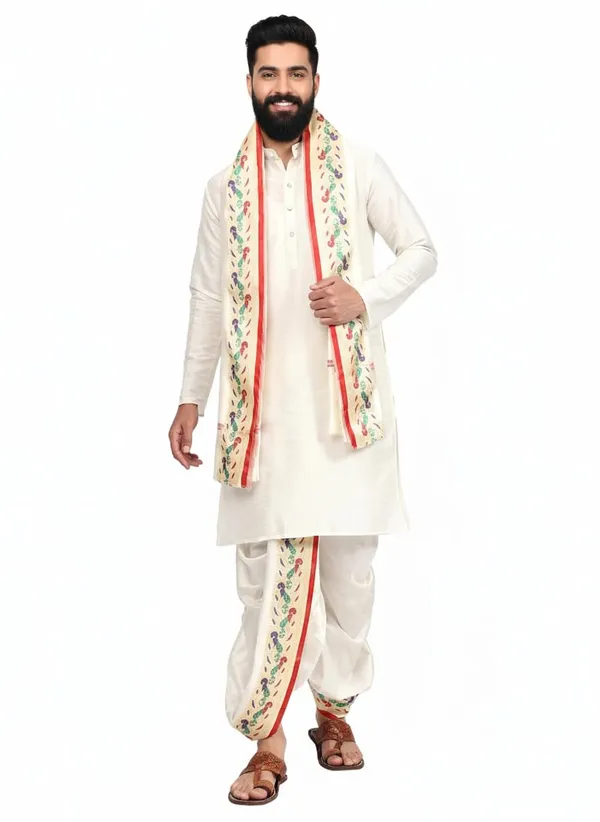 White_Peacock_Border_Dhoti_Pant_Set_For_Men_Silk_Dhoti_Dupatta_For_Wedding_Haldi_Pooja_Ready_To_Wear_Elasticated_Waist.