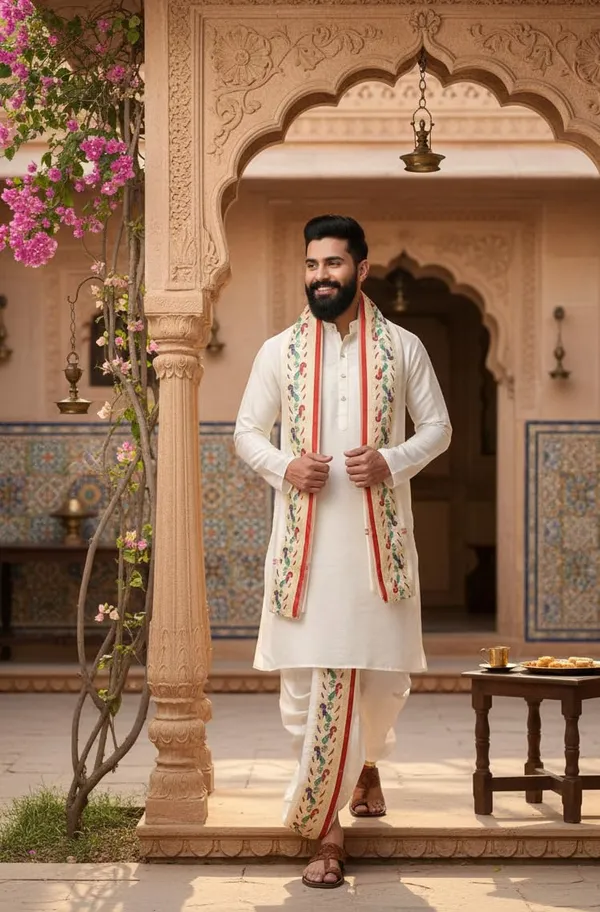 White_Peacock_Border_Dhoti_Pant_Set_For_Men_Silk_Dhoti_Dupatta_For_Wedding_Haldi_Pooja_Ready_To_Wear_Elasticated_Waist.