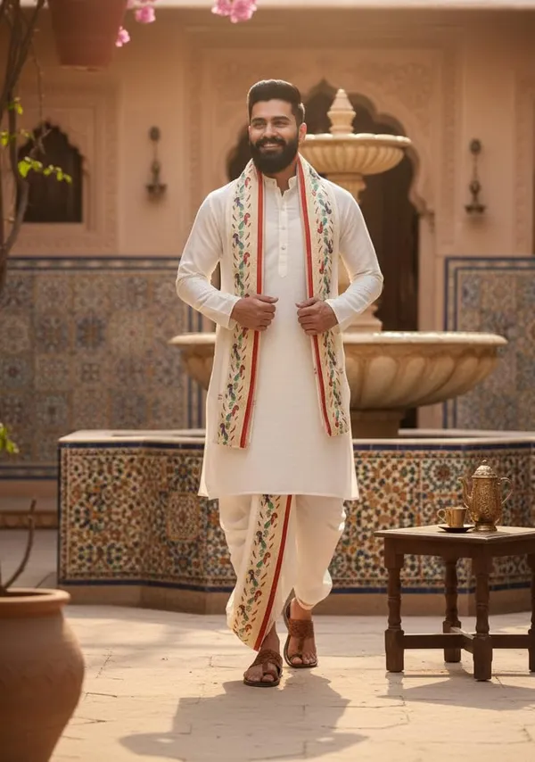 White_Peacock_Border_Dhoti_Pant_Set_For_Men_Silk_Dhoti_Dupatta_For_Wedding_Haldi_Pooja_Ready_To_Wear_Elasticated_Waist.