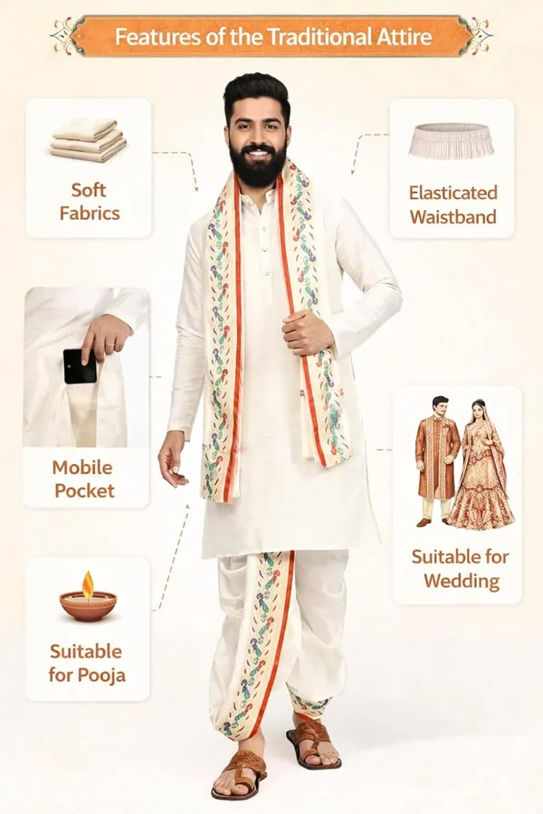 White_Peacock_Border_Dhoti_Pant_Set_For_Men_Silk_Dhoti_Dupatta_For_Wedding_Haldi_Pooja_Ready_To_Wear_Elasticated_Waist.