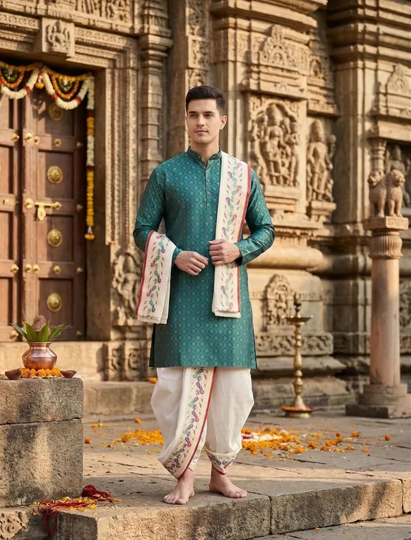 Men_Peacock_Border_Dhoti_Stole_Set_For_Wedding_Style_Ethnic_Wear_For_Men_Indian_Dhoti_Set_For_Groom_Festival_Wedding_Functions