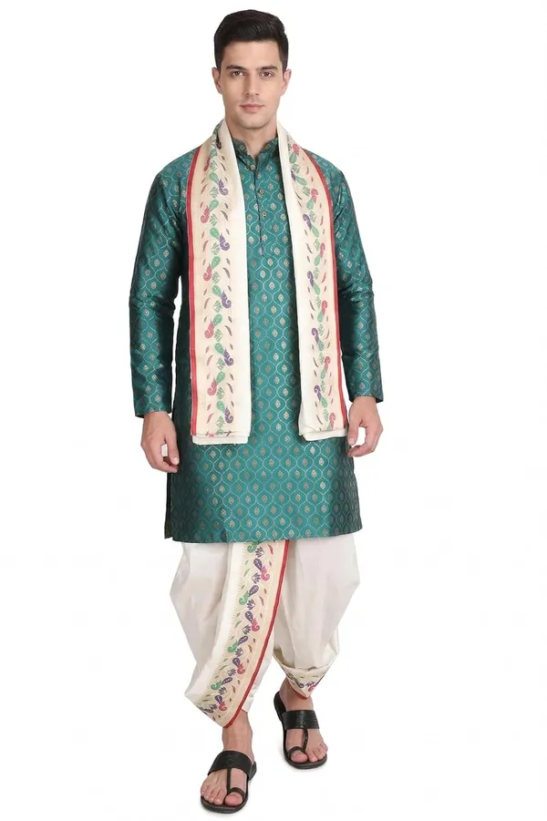 Men_Peacock_Border_Dhoti_Stole_Set_For_Wedding_Style_Ethnic_Wear_For_Men_Indian_Dhoti_Set_For_Groom_Festival_Wedding_Functions