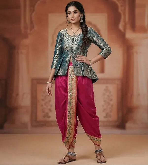 Women_Dhoti_Pant_Art_Silk_Ladies_Ethnic_Dhoti_Pants_With_Paithani_Ready_To_Wear_Dhoti_Salwar_For_Women_Adjustable_Waist_Traditional_Festival_Temple_Wear_Dhoti_Pants