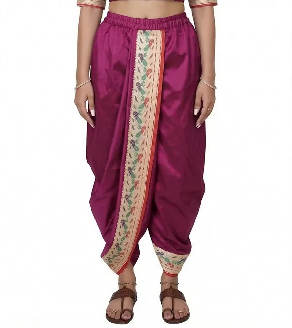 Women_Dhoti_Pant_Art_Silk_Ladies_Ethnic_Dhoti_Pants_With_Paithani_Ready_To_Wear_Dhoti_Salwar_For_Women_Adjustable_Waist_Traditional_Festival_Temple_Wear_Dhoti