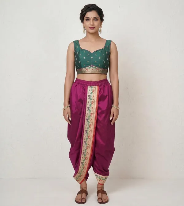 Women_Dhoti_Pant_Art_Silk_Ladies_Ethnic_Dhoti_Pants_With_Paithani_Ready_To_Wear_Dhoti_Salwar_For_Women_Adjustable_Waist_Traditional_Festival_Temple_Wear_Dhoti