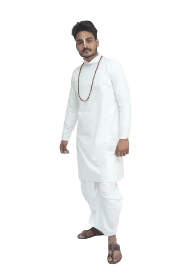 Men_White_Cotton_Kurta_Breathable_Fabric_Regular_Fit_Kurta_Traditional_Ethnic_Wear_For_Daily_Use_Puja_Temple_Festive_Occasions