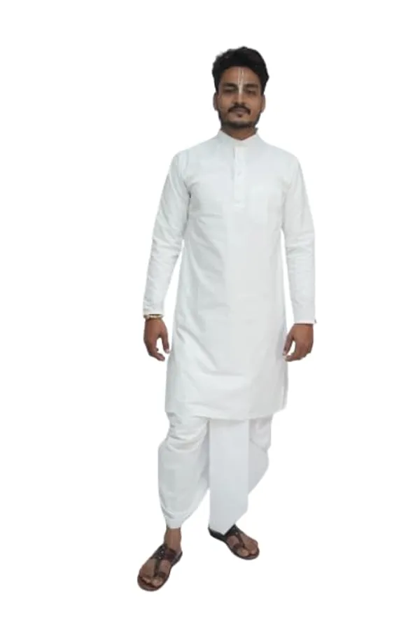 Men_White_Cotton_Kurta_Breathable_Fabric_Regular_Fit_Kurta_Traditional_Ethnic_Wear_For_Daily_Use_Puja_Temple_Festive_Occasions