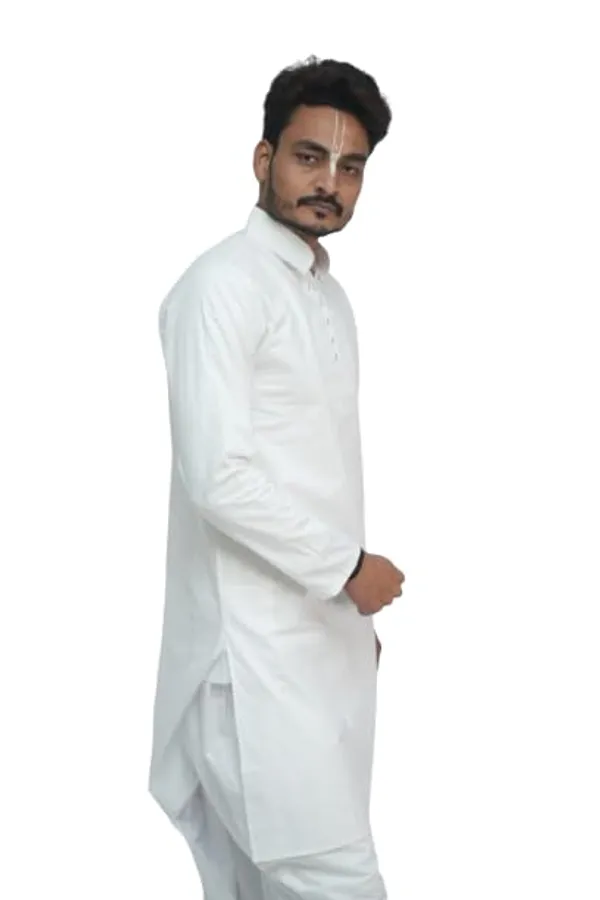 Men_White_Cotton_Kurta_Breathable_Fabric_Regular_Fit_Kurta_Traditional_Ethnic_Wear_For_Daily_Use_Puja_Temple_Festive_Occasions