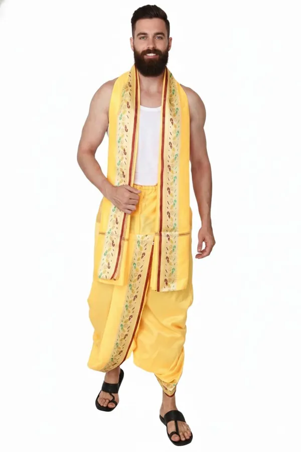 Men_Readymade_Peacock_Border_Dhoti_With_Unstitched_Agvastram_For_Pooja,_Stitched_Adjustable_Elastic_Waist_Dhoti_Pant_Ready_To_Wear_Art_Silk_Dhoti_Traditional_Wedding_Temple_Wear_For_Men