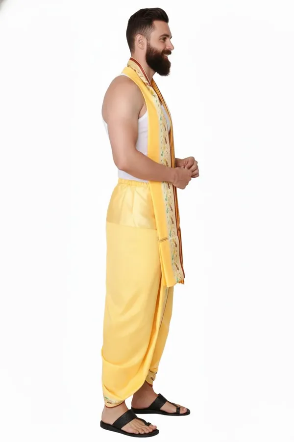 Men_Readymade_Peacock_Border_Dhoti_With_Unstitched_Agvastram_For_Pooja,_Stitched_Adjustable_Elastic_Waist_Dhoti_Pant_Ready_To_Wear_Art_Silk_Dhoti_Traditional_Wedding_Temple_Wear_For_Men
