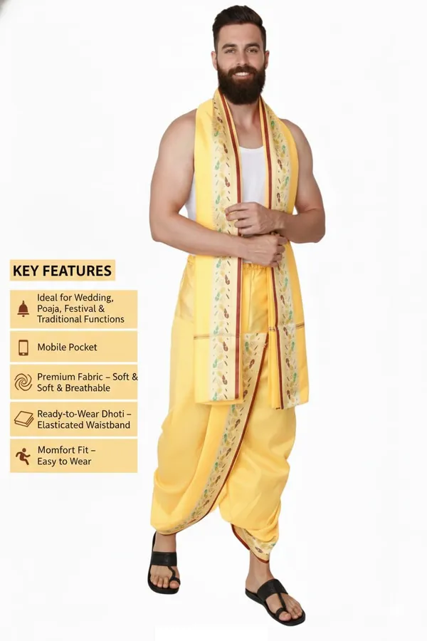 Men_Readymade_Peacock_Border_Dhoti_With_Unstitched_Agvastram_For_Pooja,_Stitched_Adjustable_Elastic_Waist_Dhoti_Pant_Ready_To_Wear_Art_Silk_Dhoti_Traditional_Wedding_Temple_Wear_For_Men