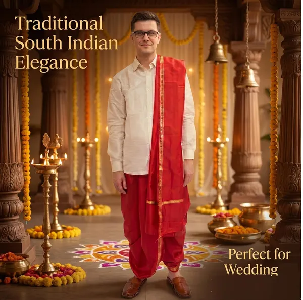 Men_Readymade_Rudraksh_Border_Dhoti_With_Unstiched_Agvastram_Dupatta_For_Pooja_Stitched_Adjustable_Elastic_Waist_Dhoti_Pant_Ready_To_Wear_Art_Silk_Dhoti_Traditional_Wedding_Temple_Wear_For_Men