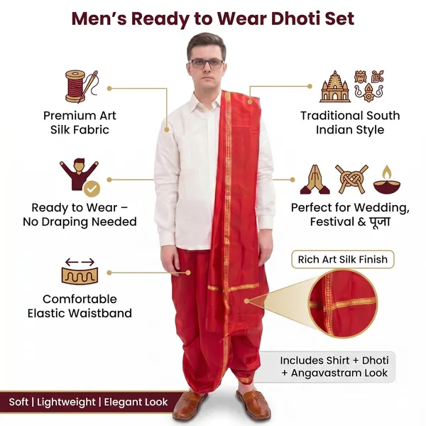 Men_Readymade_Rudraksh_Border_Dhoti_With_Unstiched_Agvastram_Dupatta_For_Pooja_Stitched_Adjustable_Elastic_Waist_Dhoti_Pant_Ready_To_Wear_Art_Silk_Dhoti_Traditional_Wedding_Temple_Wear_For_Men