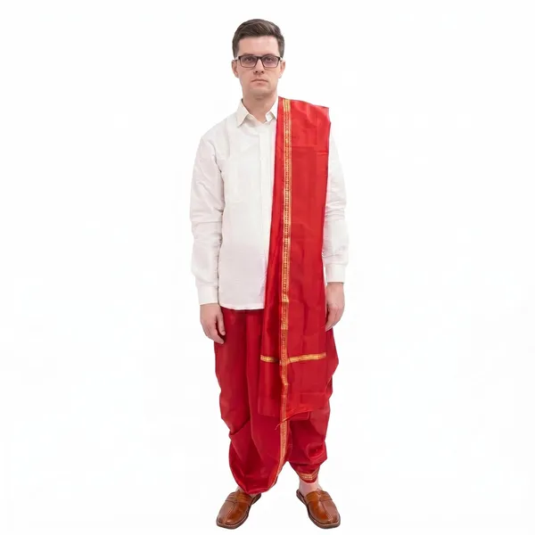 Men_Readymade_Rudraksh_Border_Dhoti_With_Unstiched_Agvastram_Dupatta_For_Pooja_Stitched_Adjustable_Elastic_Waist_Dhoti_Pant_Ready_To_Wear_Art_Silk_Dhoti_Traditional_Wedding_Temple_Wear_For_Men
