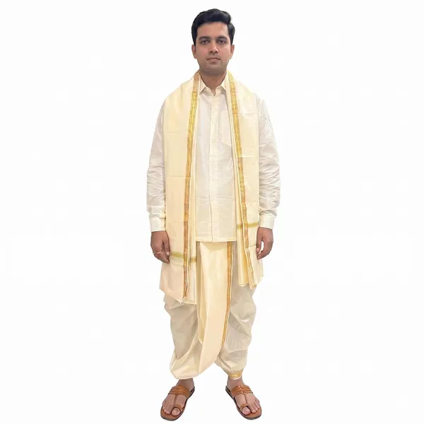 Men_Rudrakhash_Border_Silk_Dhoti_With_Dupatta_Set_To_Wear_Traditional_Wedding_Festival_Ethnic_Outfit_Tamil_Kerala_Style_Mens_Wear