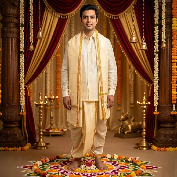 Men_Rudrakhash_Border_Silk_Dhoti_With_Dupatta_Set_To_Wear_Traditional_Wedding_Festival_Ethnic_Outfit_Tamil_Kerala_Style_Mens_Wear