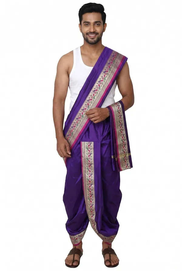 Men_Readymade_Dhoti_With_Angavastram_Set_Peacock_Border_Art_Silk_Fabric_Ready_To_Wear_Dhoti_With_Agvastram_Indian_Vrindavan_Style_Dhoti_Set_For_Men_Ethnic_Wear_For_Wedding_Pooja
