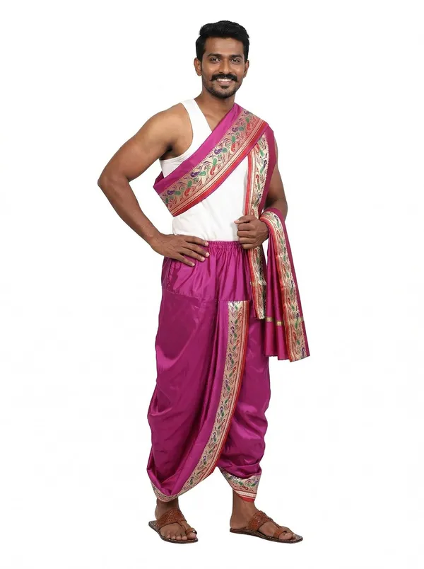 Men_Readymade_Dhoti_With_Angavastram_Set_Peacock_Border_Art_Silk_Fabric_Ready_To_Wear_Dhoti_With_Agvastram_Indian_Vrindavan_Style_Dhoti_Set_For_Men_Ethnic_Wear_For_Wedding_Pooja