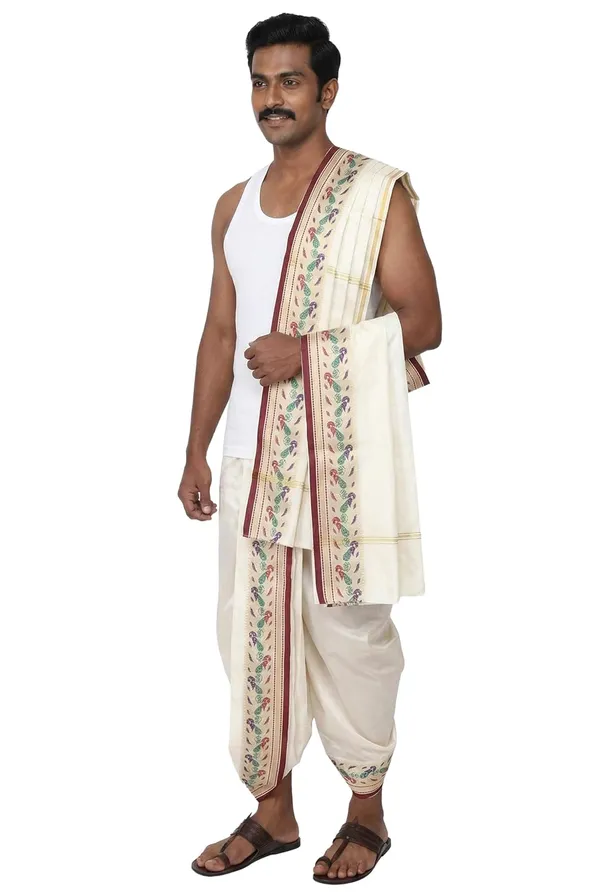 Men_Readymade_Dhoti_With_Angavastram_Set_Peacock_Border_Art_Silk_Fabric_Ready_To_Wear_Dhoti_With_Agvastram_Indian_Vrindavan_Style_Dhoti_Set_For_Men_Ethnic_Wear_For_Wedding_Pooja