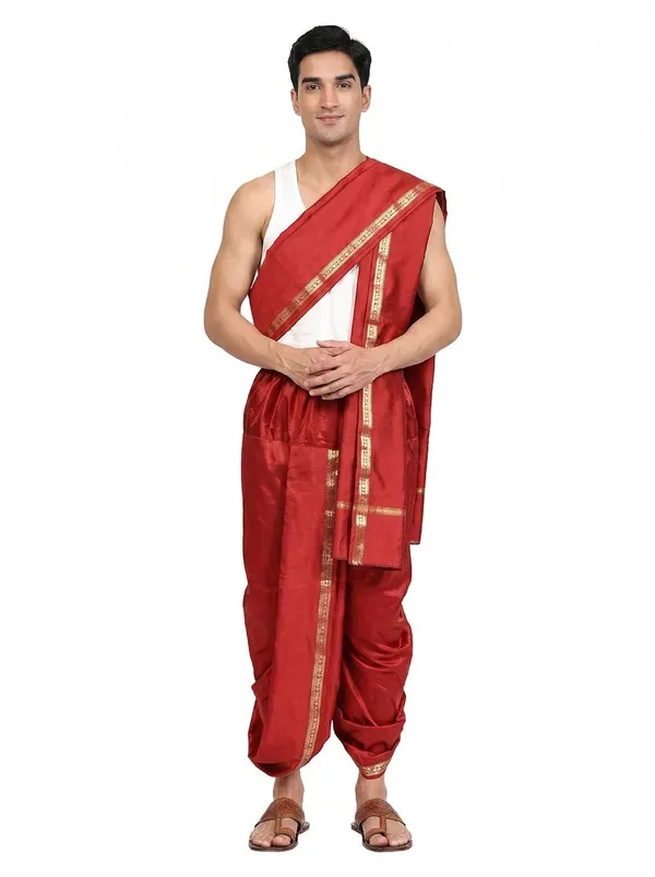 Men_Readymade_Dhoti_With_Angavastram_Set_Art_Silk_Ready_To_Wear_Dhoti_With_Elastic_Waist_South_And_North_Indian_Veshti_Mundu_Set_For_Men_Ethnic_Wear_For_Wedding_Pooja