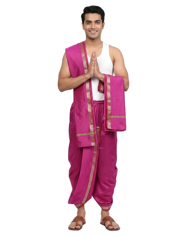 Mens_Art_Silk_Rudraskh_Border_Ready_To_Wear_Dhoti_With_Angavastram_Stitched_Dhoti_With_Elastic_Waist_Vrindavan_Dhoti_For_Puja_Festival_Wedding.