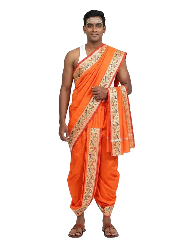 Men_Readymade_Dhoti_With_Angavastram_Set_Peacock_Border_Art_Silk_Fabric_Ready_To_Wear_Dhoti_With_Agvastram_Indian_Vrindavan_Style_Dhoti_Set_For_Men_Ethnic_Wear_For_Wedding_Pooja