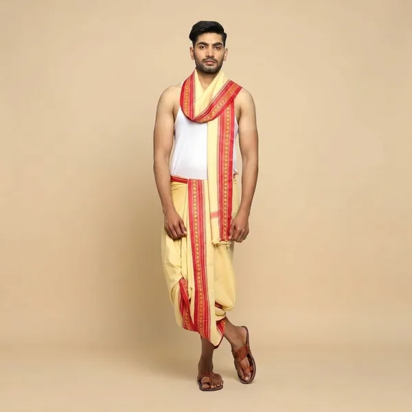 Braj_Paridhaan_Fabrics_Poly_Silk_Dhoti_Traditional_West_Bangal_Style_Indian_Dhoti_4.5_Meter_For_Men_Ethnic_Wear_For_Pooja_Wedding_Festival_Cream_Beige