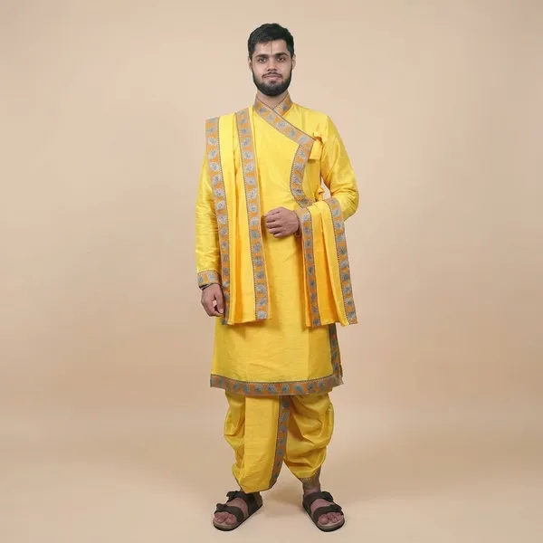 Traditionals_Dupian_Silk_Bagalbandhi_With_Readymade_Dhoti_And_Dupatta_Set_Adorned_With_Beautiful_Peacock_Feather_Borders_Mango