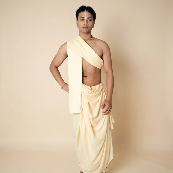 White_Pure_Cotton_Bagalpuri_Rayon_Dhoti_Dupatta_Set_Crafted_Without_Borders_Some_Set_Is_Dedicated_To_That_Very_Sentiment_Premanand_Maharaj_And_Iskon_Temple