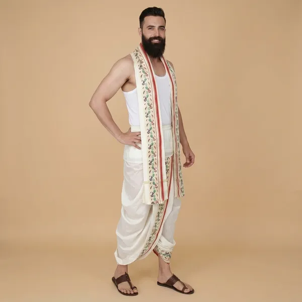 Men_Readymade_Dhoti_With_Angavastram_Set_Peacock_Border_Art_Silk_Fabric_Ready_To_Wear_Dhoti_With_Agvastram_Indian_Vrindavan_Style_Dhoti_Set_For_Men_Ethnic_Wear_For_Wedding_Pooja