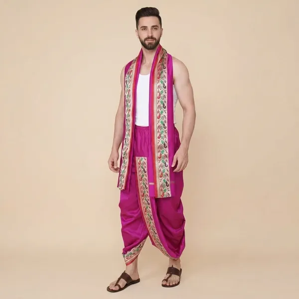 Men_Readymade_Dhoti_For_Pooja_Stitched_Adjustable_Waist_Dhoti_Pant_Elastic_Ready_To_Wear_Art_Silk_Dhoti_Traditional_Wedding_Temple_Wear_For_Men