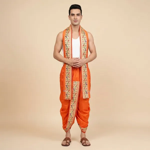Men_Readymade_Dhoti_With_Angavastram_Set_Art_Silk_Ready_To_Wear_Dhoti_With_Elastic_Waist_South_And_North_Indian_Veshti_Mundu_Set_For_Men_Ethnic_Wear_For_Wedding_Pooja