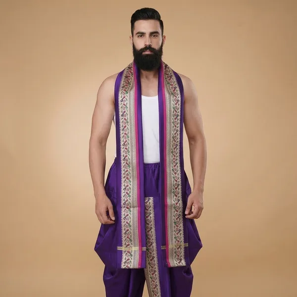 Men_Readymade_Peacock_Border_Dhoti_With_Unstitched_Agvastram_For_Pooja,_Stitched_Adjustable_Elastic_Waist_Dhoti_Pant_Ready_To_Wear_Art_Silk_Dhoti_Traditional_Wedding_Temple_Wear_For_Men