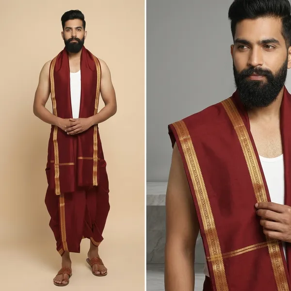 Men_Art_Silk_Unstitched_Dhoti_With_Angavastram_4.25_Meter_Traditional_South_Indian_White_Silk_Dhoti_Set_For_Wedding_Pooja_Temple_Wear