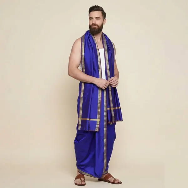 Men_Art_Silk_Unstitched_Rudraksh_Border_Dhoti_With_Angavastram_4.25_Meter_And_2.25_Meter_Traditional_South_And_North_Indian_White_Silk_Dhoti_Set_For_Wedding_Pooja_Temple_Wear