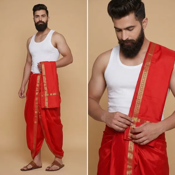 Men_Art_Silk_Unstitched_Dhoti_With_Angavastram_4.25_Meter_And_2.25_Meter_Traditional_South_Indian_White_Silk_Dhoti_Set_For_Wedding_Pooja_Temple_Wear