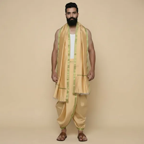 Men_Art_Silk_Unstitched_Dhoti_With_Angavastram_4.25_Meter_And_2.25_Meter_Traditional_South_Indian_White_Silk_Dhoti_Set_For_Wedding_Pooja_Temple_Wear