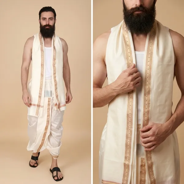 Men_Rudrakhash_Border_Silk_Dhoti_With_Dupatta_Set_To_Wear_Traditional_Wedding_Festival_Ethnic_Outfit_Tamil_Kerala_Style_Mens_Wear