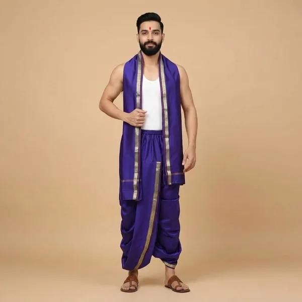 Men_Readymade_Dhoti_With_Angavastram_Set_Art_Silk_Ready_To_Wear_Dhoti_With_Elastic_South_Indian_And_North_Indian_Dhoti_Set_For_Men_Ethnic_Wear_For_Wedding,_Pooja,_Festival