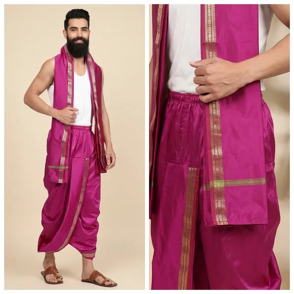 Mens_Art_Silk_Rudraskh_Border_Ready_To_Wear_Dhoti_With_Angavastram_Stitched_Dhoti_With_Elastic_Waist_Vrindavan_Dhoti_For_Puja_Festival_Wedding.