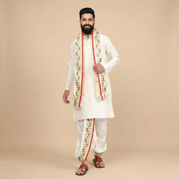 White_Peacock_Border_Dhoti_Pant_Set_For_Men_Silk_Dhoti_Dupatta_For_Wedding_Haldi_Pooja_Ready_To_Wear_Elasticated_Waist.