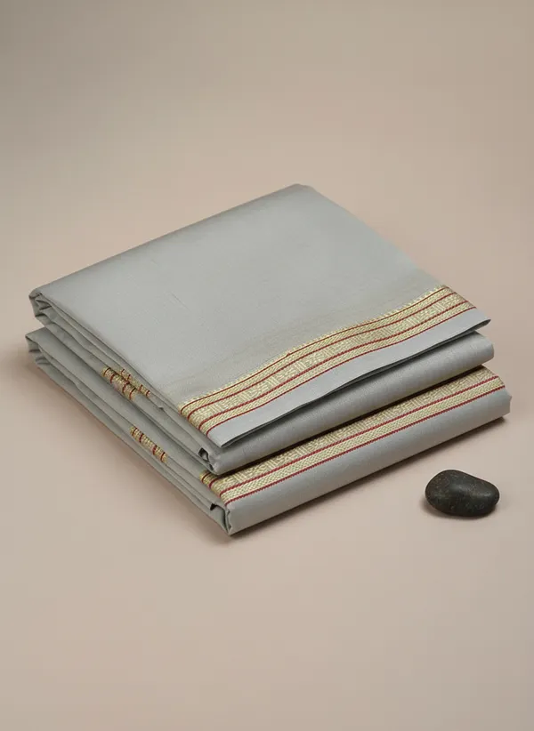 Men_Art_Silk_Unstitched_Dhoti_With_Angavastram_4.25_Meter_And_2.25_Meter_Traditional_South_Indian_White_Silk_Dhoti_Set_For_Wedding_Pooja_Temple_Wear