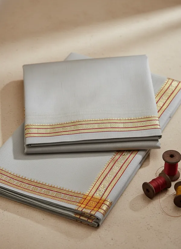 Men_Art_Silk_Unstitched_Dhoti_With_Angavastram_4.25_Meter_And_2.25_Meter_Traditional_South_Indian_White_Silk_Dhoti_Set_For_Wedding_Pooja_Temple_Wear
